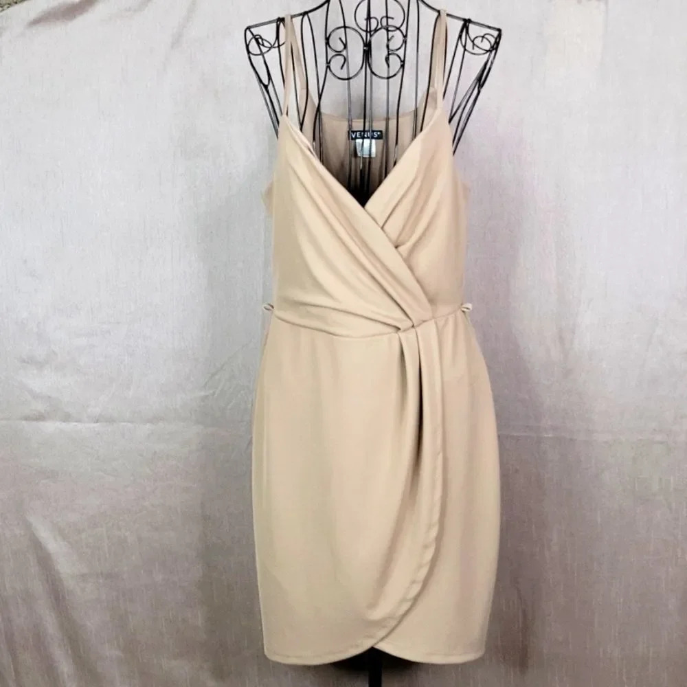 VENUS Beige Plunging Neckline Wrap Dress Small